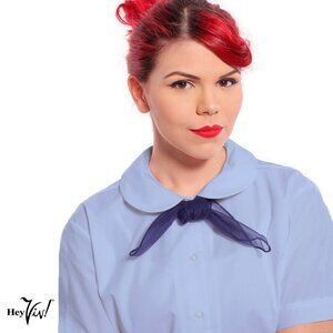 Blue Peter Pan Collar Short Sleeve Blouse Button Up Poly Cotton Adult Sze XSmall